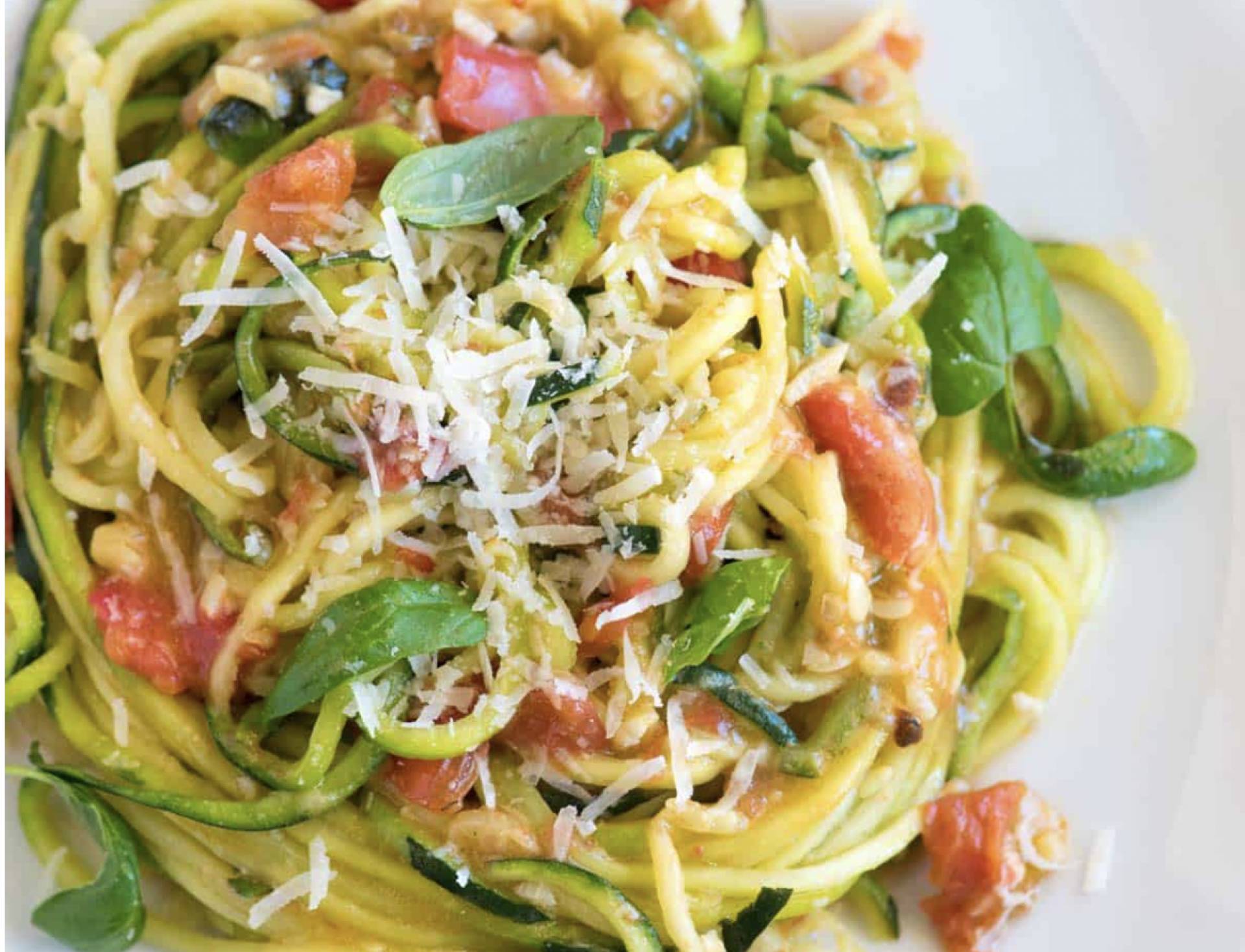 Vegetarian Zucchini Pasta with Basil Vinaigrette and Cherry Tomatoes