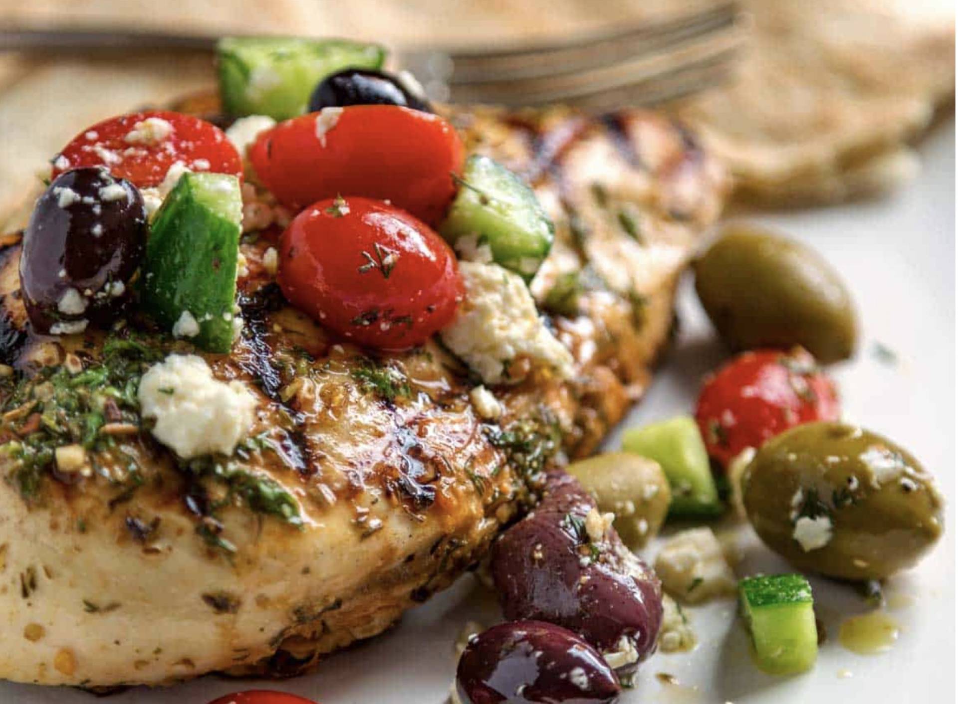 Bell and Evans Greek Chicken Breast with Feta, Olives, Tomato, and Orzo Pasta