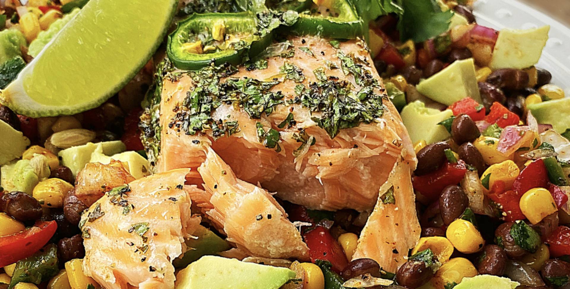 Cilantro Lime Cajun Salmon with Corn and Black Bean Salad with Cilantro Avocado Sauce