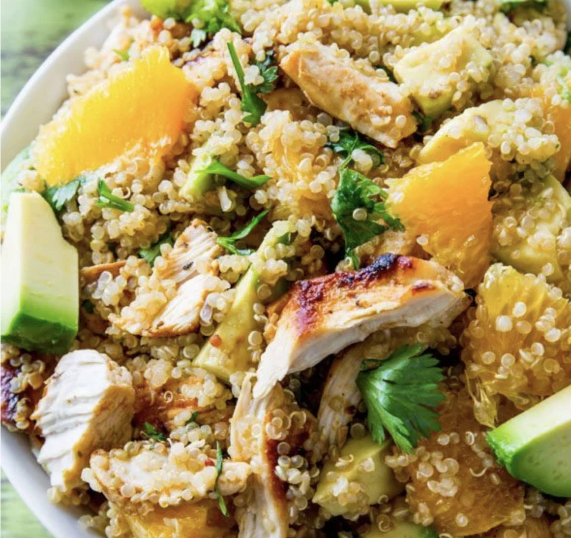 Bell & Evans Citrus Herb Grilled Chicken Thighs over Basil Quinoa Salad (GF/DF)