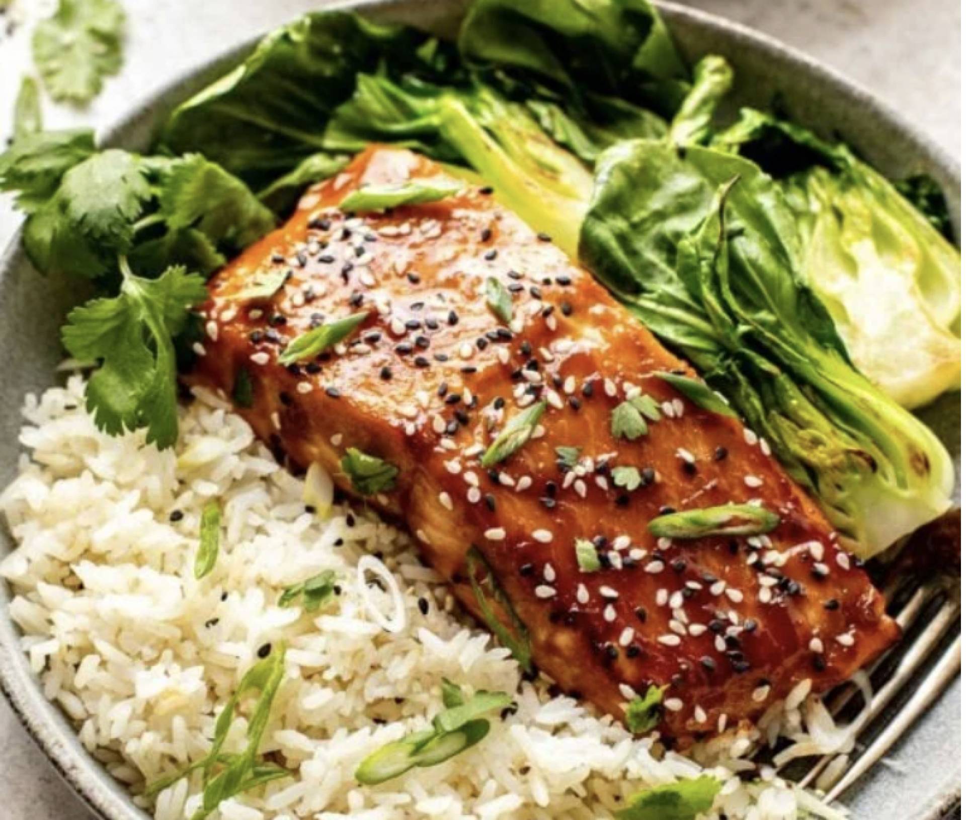 Miso Honey Garlic I.C. Sharks Salmon with Orange and Baby Bok Choy over Herbed Rice (GF/DF)