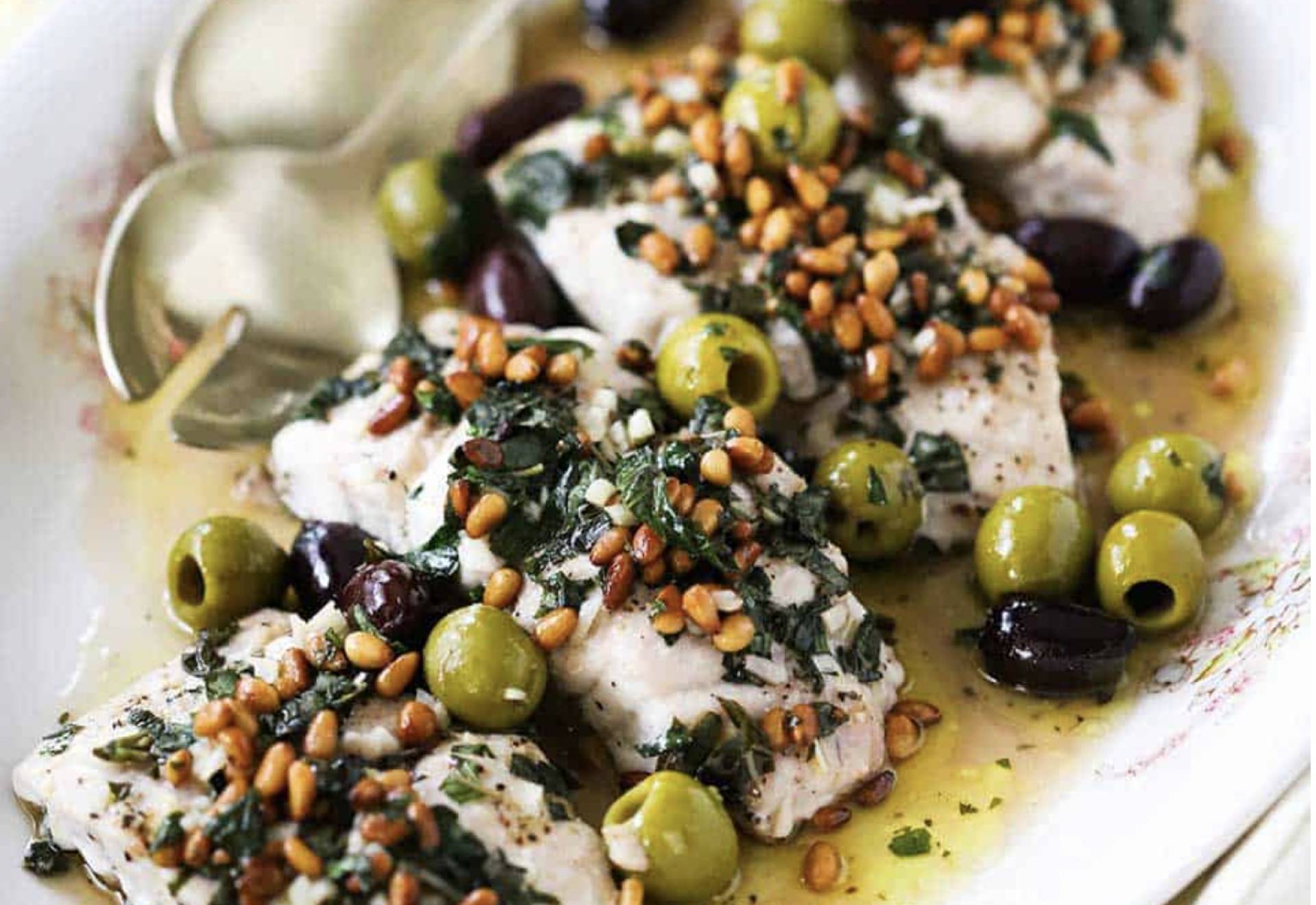 I.C. Sharks Mediterranean Snapper with Olives and Toasted Pine Nuts over Lemony Basil Rice (GF/DF)