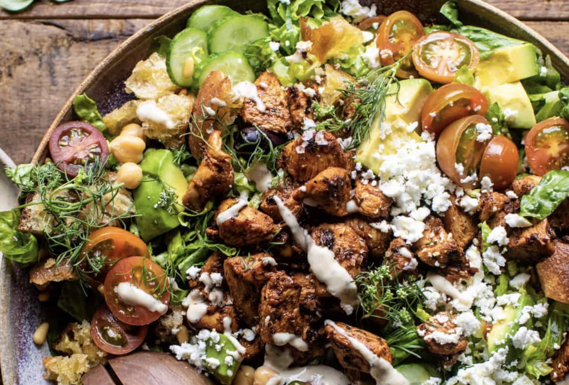 Honey Mustard Apple Cider Vinegar Chicken Thigh over Chop Chop Salad with Feta and Dill (GF)