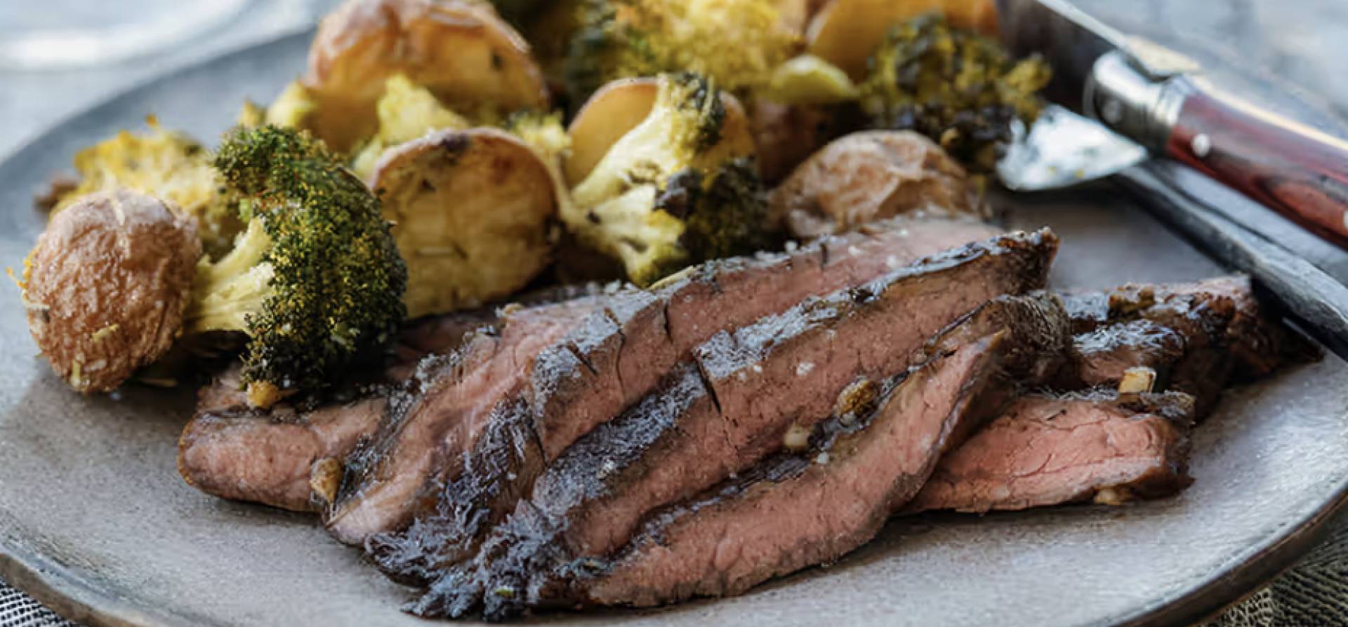 Grass Fed Steak, Roasted Herby Potatoes, Broccoli & Peppercorn Parmesan Steak Sauce (GF)