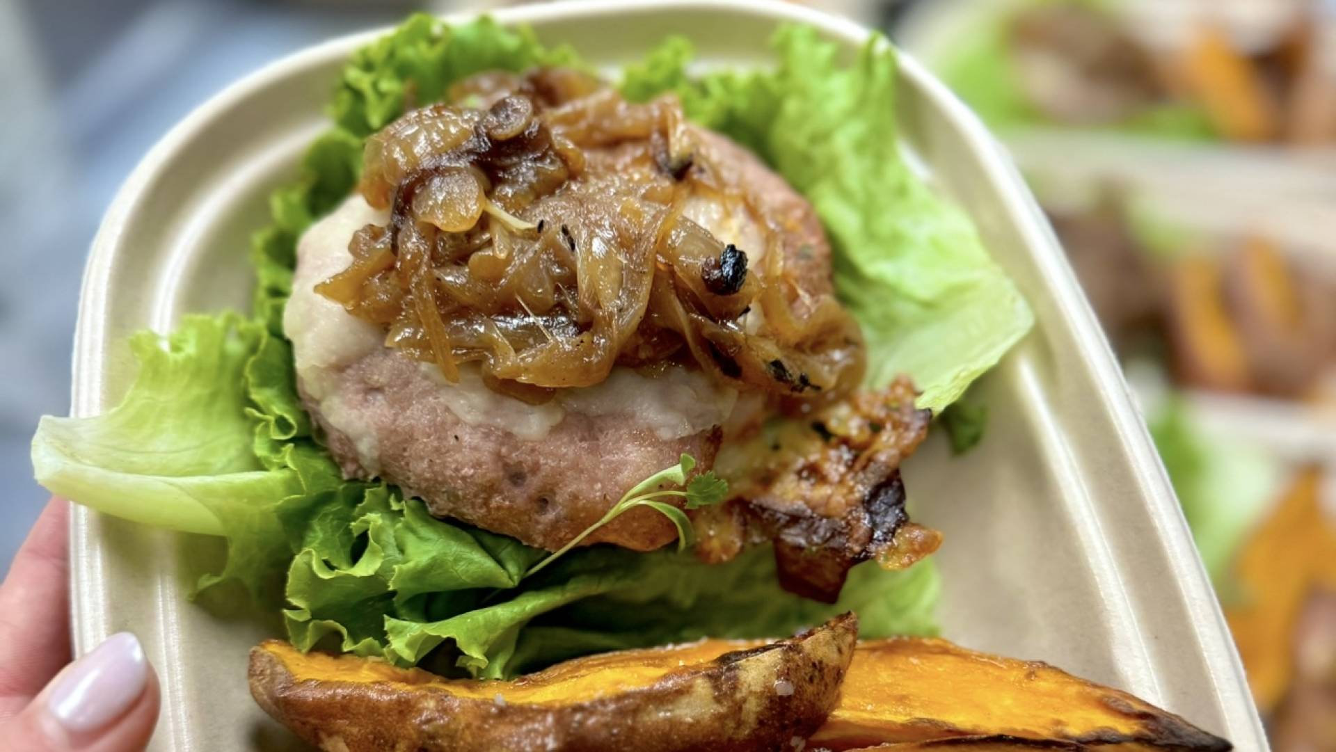 French Onion Turkey Burger with Sweet Potato Fries and Bibb Lettuce Bun (GF, DF)