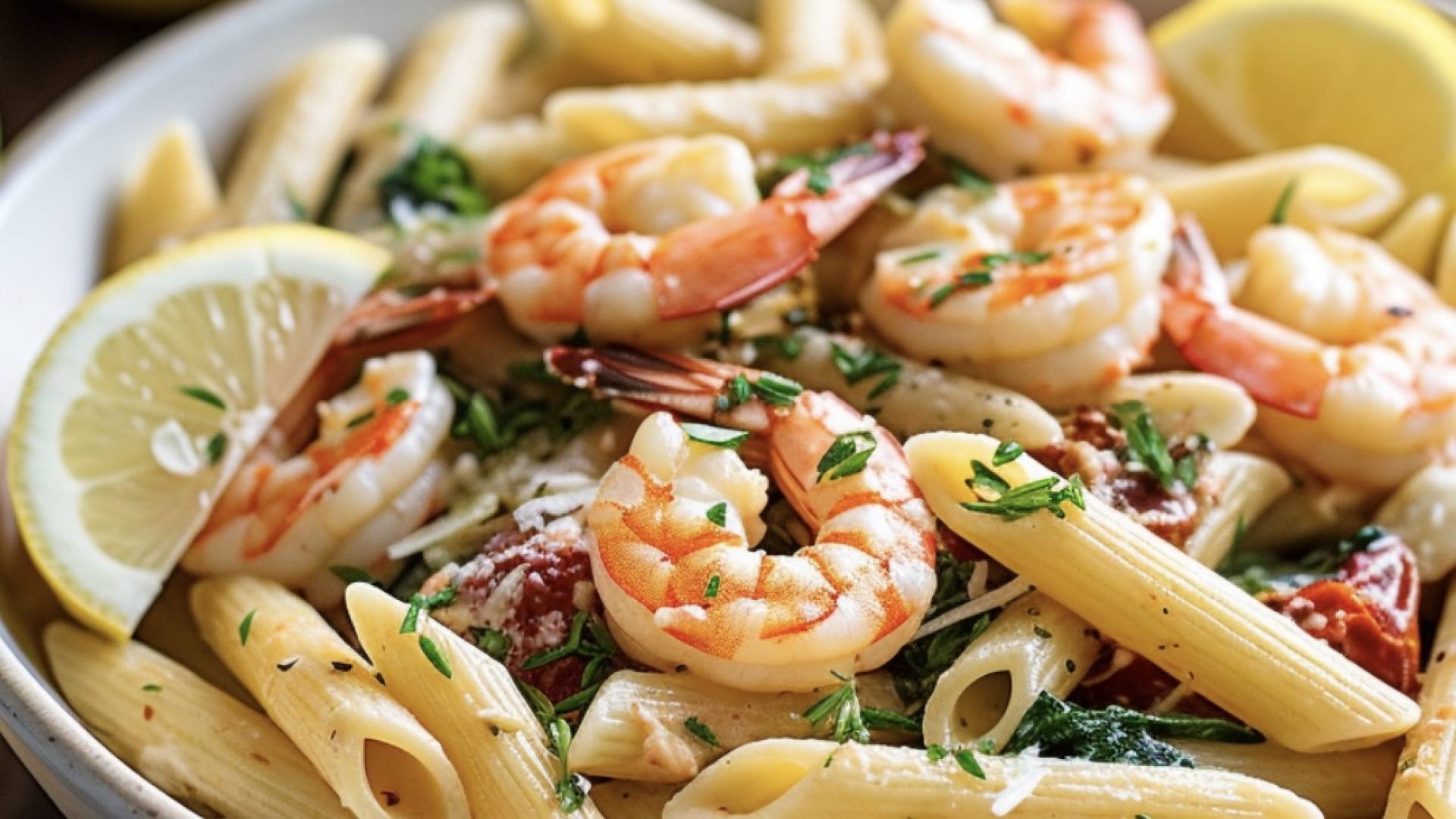 (GF) Garlic-y Shrimp Scampi with Garlic Greens Over Herby Gluten Free Pasta