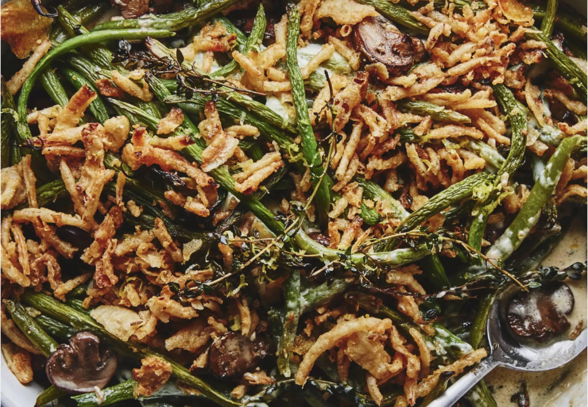 (Gluten Free/Dairy Free) Fresh Green Bean Casserole with Local Mushrooms and Fried Onions (Gluten Free/Dairy Free)