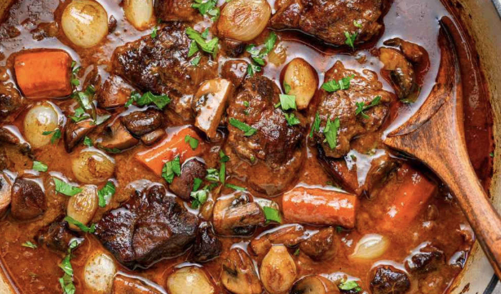 Slow Braised Grass Fed Beef Bourguignon with Tomatoes, Carrots, Onions, and Celery over Pasta