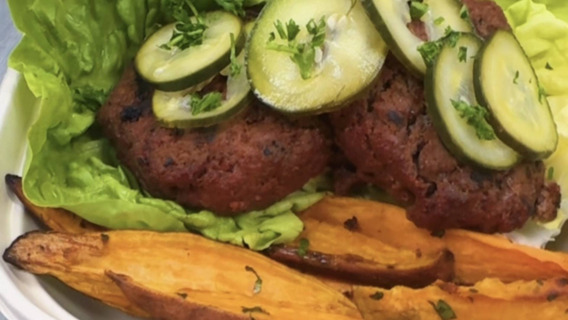 Grass Fed BBQ Beef Burger with Roasted Yellow Potatoes and Bibb Lettuce (GF, DF)