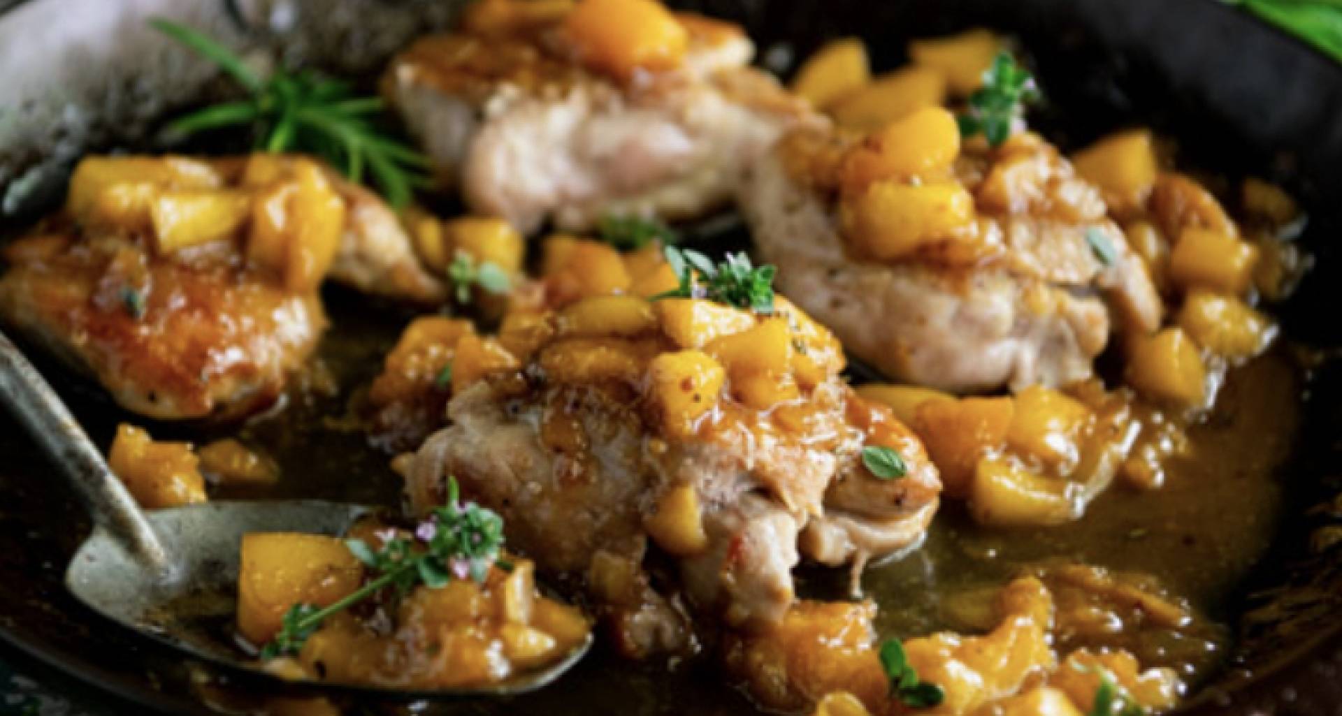 Peach Glazed Chicken Thighs with grilled green beans and a Rice salad with mint + basil