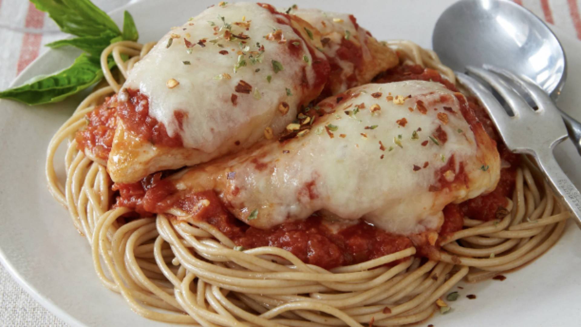 (GF) Grilled Chicken Parm with Sweet Marinara over gluten free Pasta
