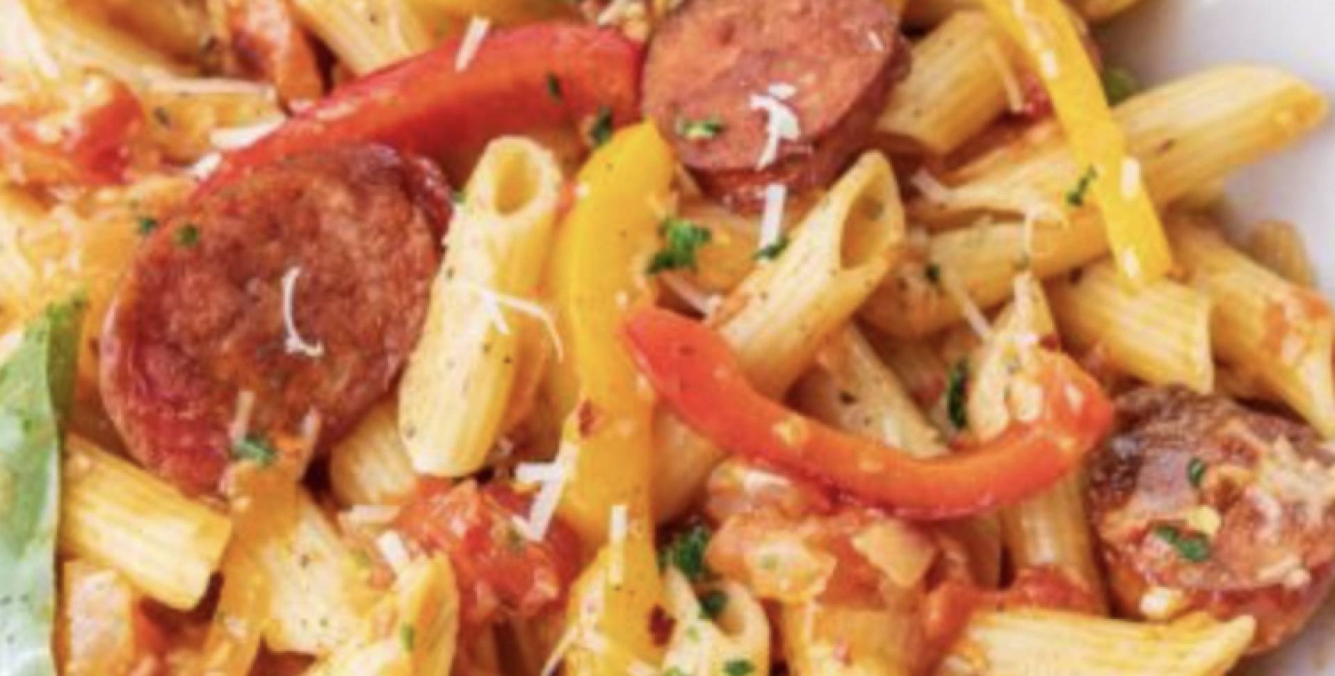 Boozy Pig Sausage Pineapple Skewers over Pasta with Cilantro Vinaigrette (DF)