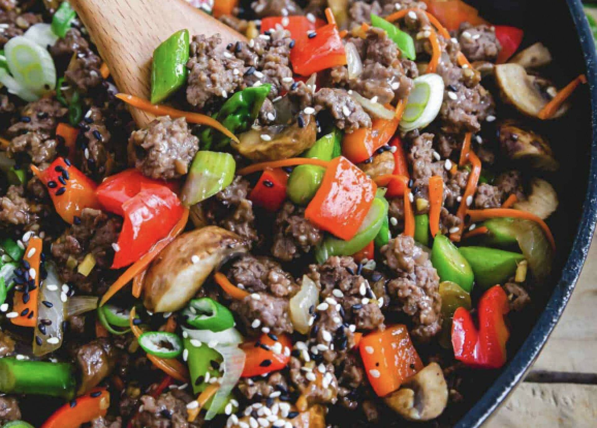 Grass Fed Ground Beef & Veggie Stir Fry with Ginger-Tamari Glaze (GF/DF)