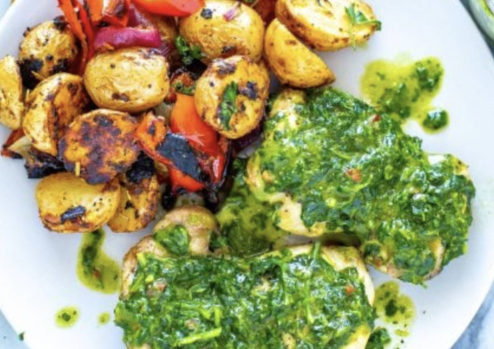 Chimichurri Chicken Breast, Heirloom Cherry Tomatoes, and Zucchini with Roasted Herby Potatoes (GF/DF)