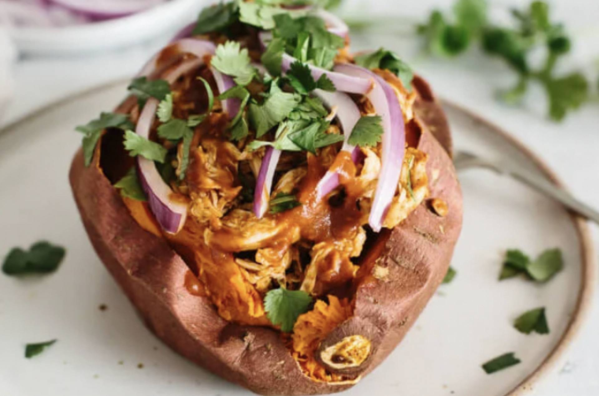 Sweet & Spicy BBQ Chicken Sweet Potato Boats w/ Green Beans (GF,DF)