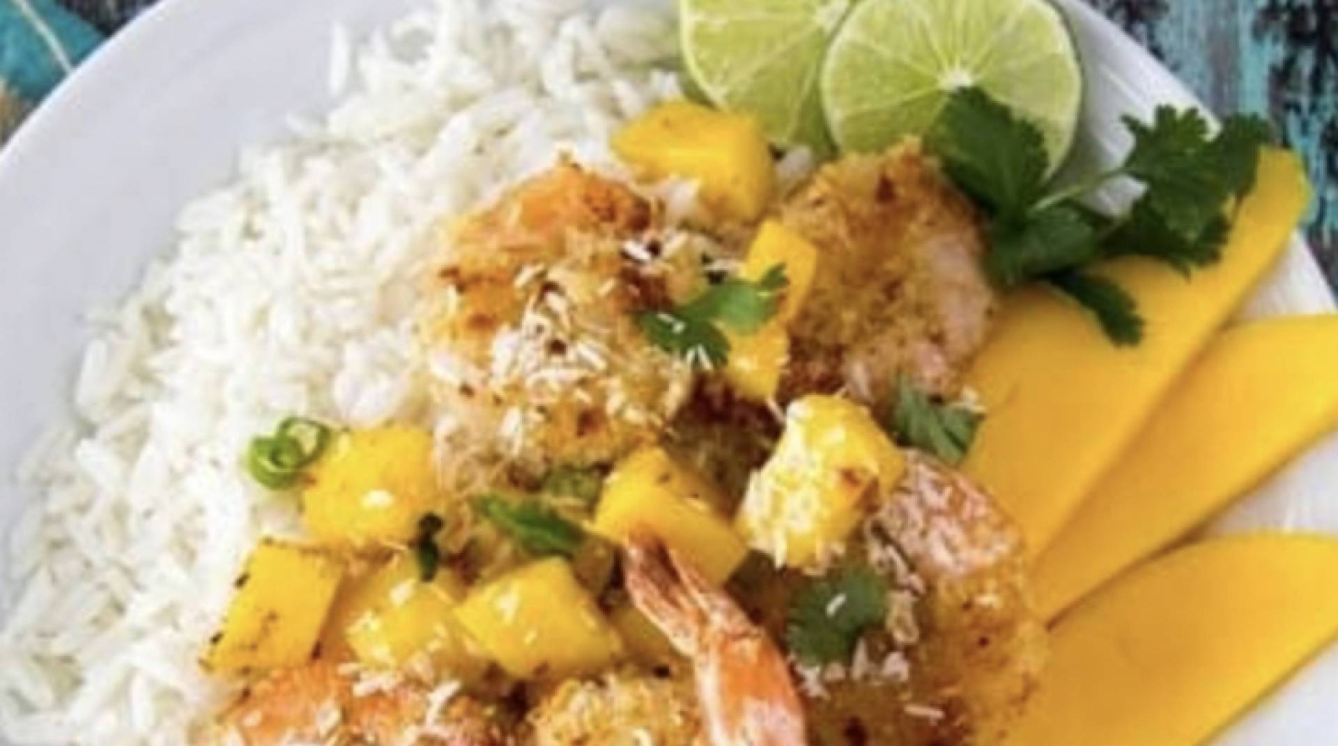 Carribean Coconut Shrimp Rice Bowl with Cabbage and Mango Slaw (GF/DF)
