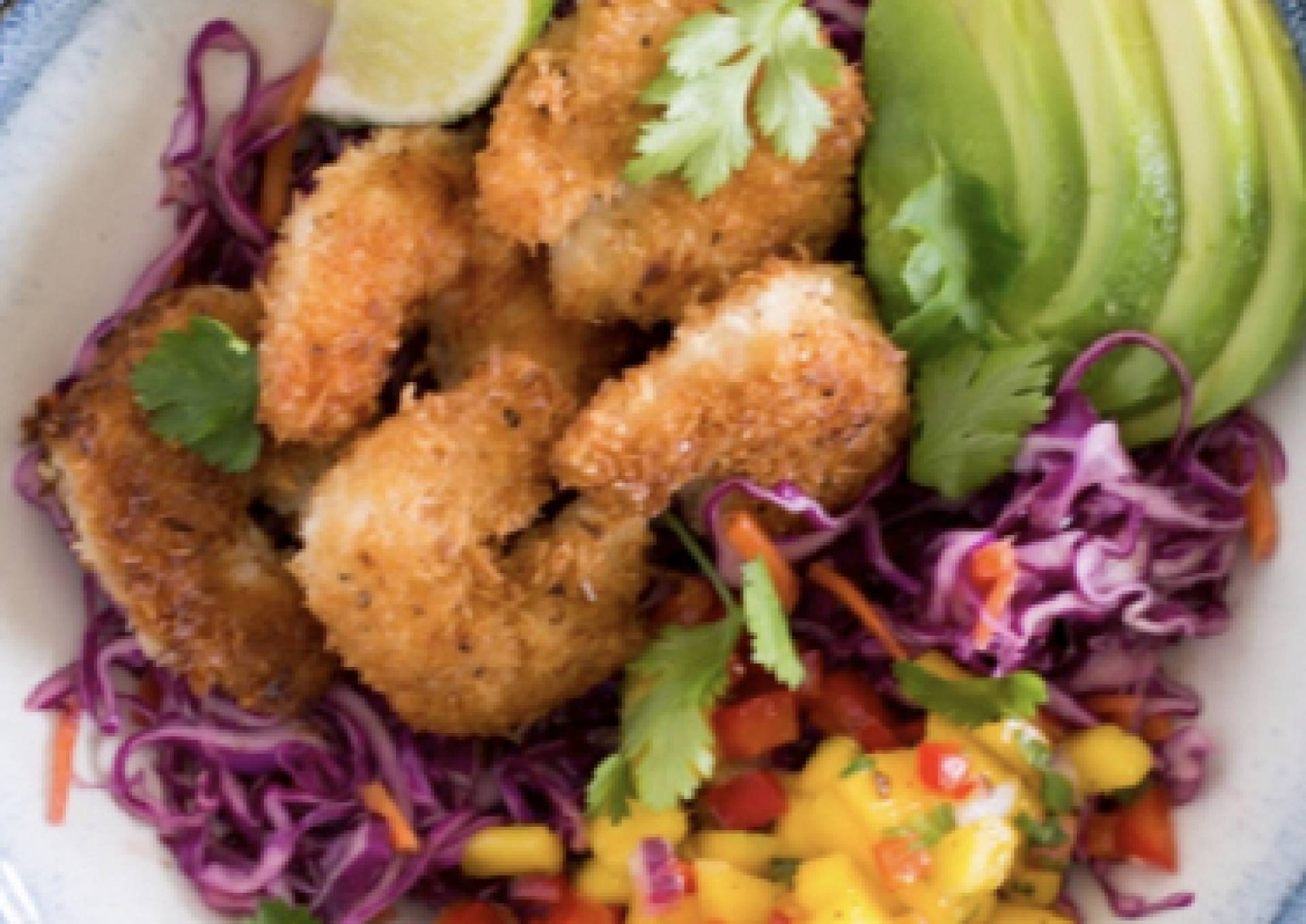 Low Carb Caribbean Coconut Shrimp Bowl on Cabbage and Mango Slaw (GF/DF/Paleo)