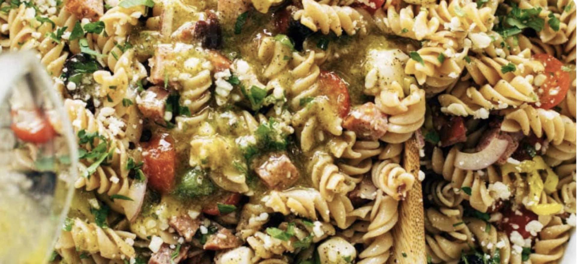 (GF) Vegetarian Italian Chickpea Pasta Salad with Fresh Herbs and Zesty Red Wine Vinaigrette