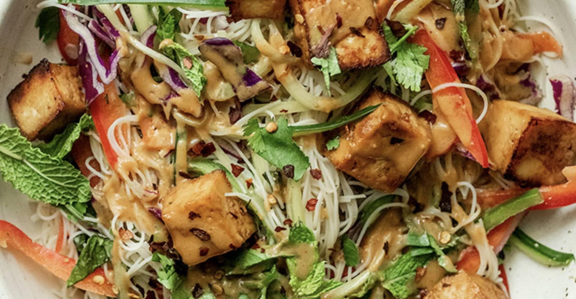 Thai Peanut Tofu Rice Noodle Salad Bowl with Cabbage and Peppers (GF/DF/V)