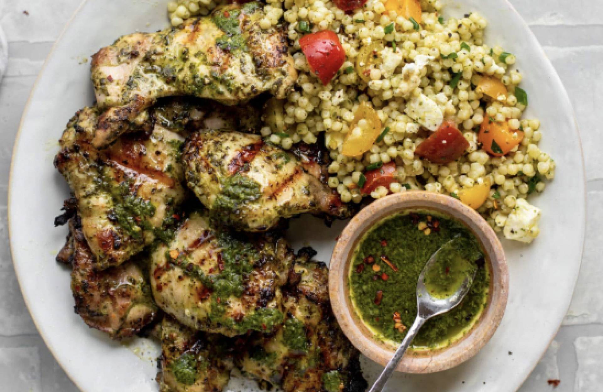 Brined Chicken over Lemony Mint Couscous with Zucchini & Onions (DF)