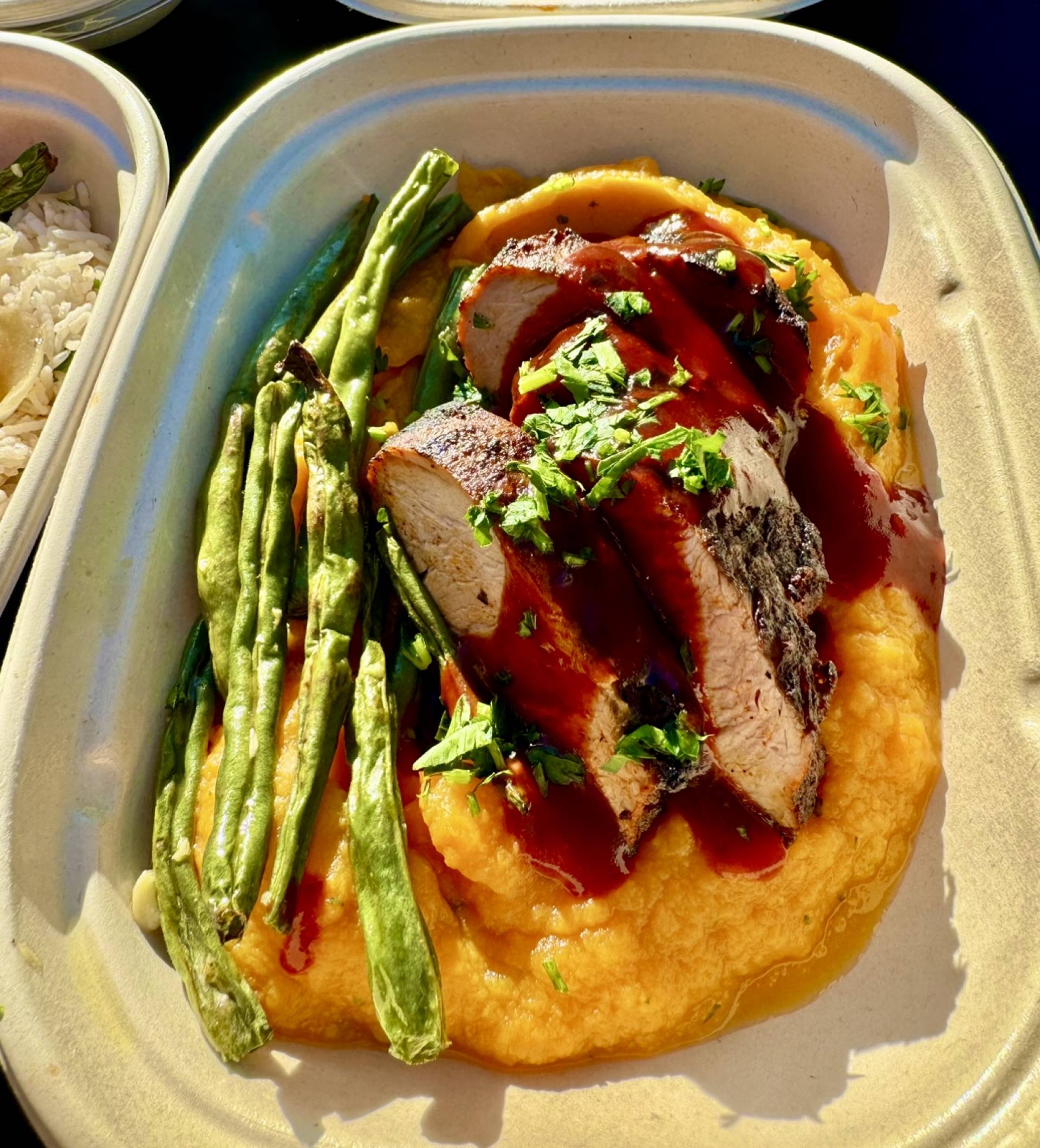 Boozy Pig Adobo Honey BBQ Pork Tenderloin over Sweet Potato Mash with Worden Farm Green Beans (GF, DF) (A little spicy!)