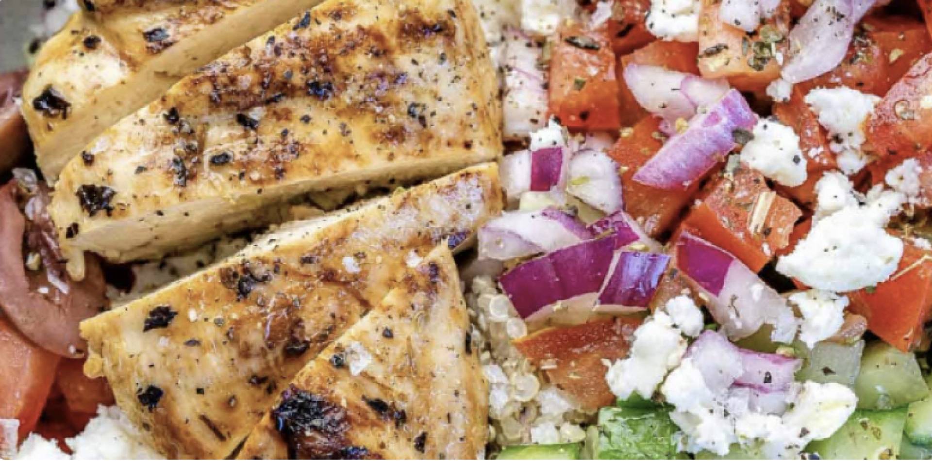(GF/DF) Greek Chicken Breast over Rice with Olives, Cucumber, Pepper, Tomato, and Feta