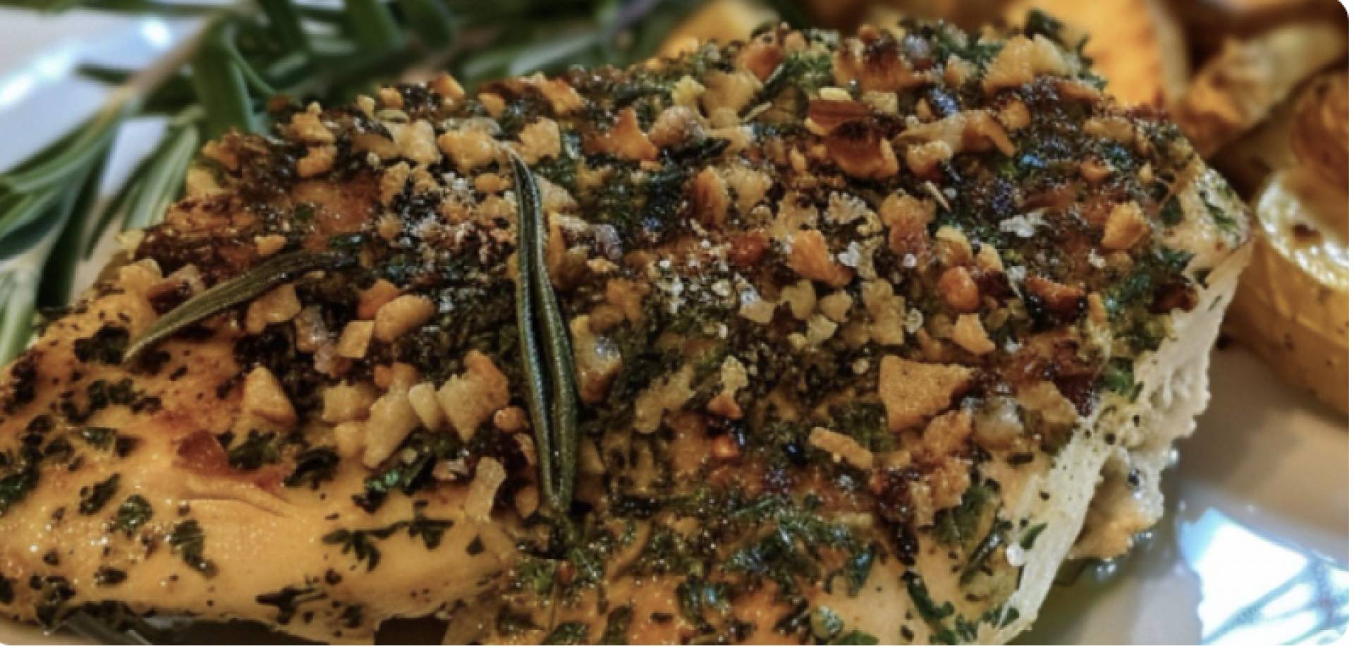 Pecan Herb Crusted Chicken Breast with Maple Garlic Green Beans and Potatoes (GF/DF)