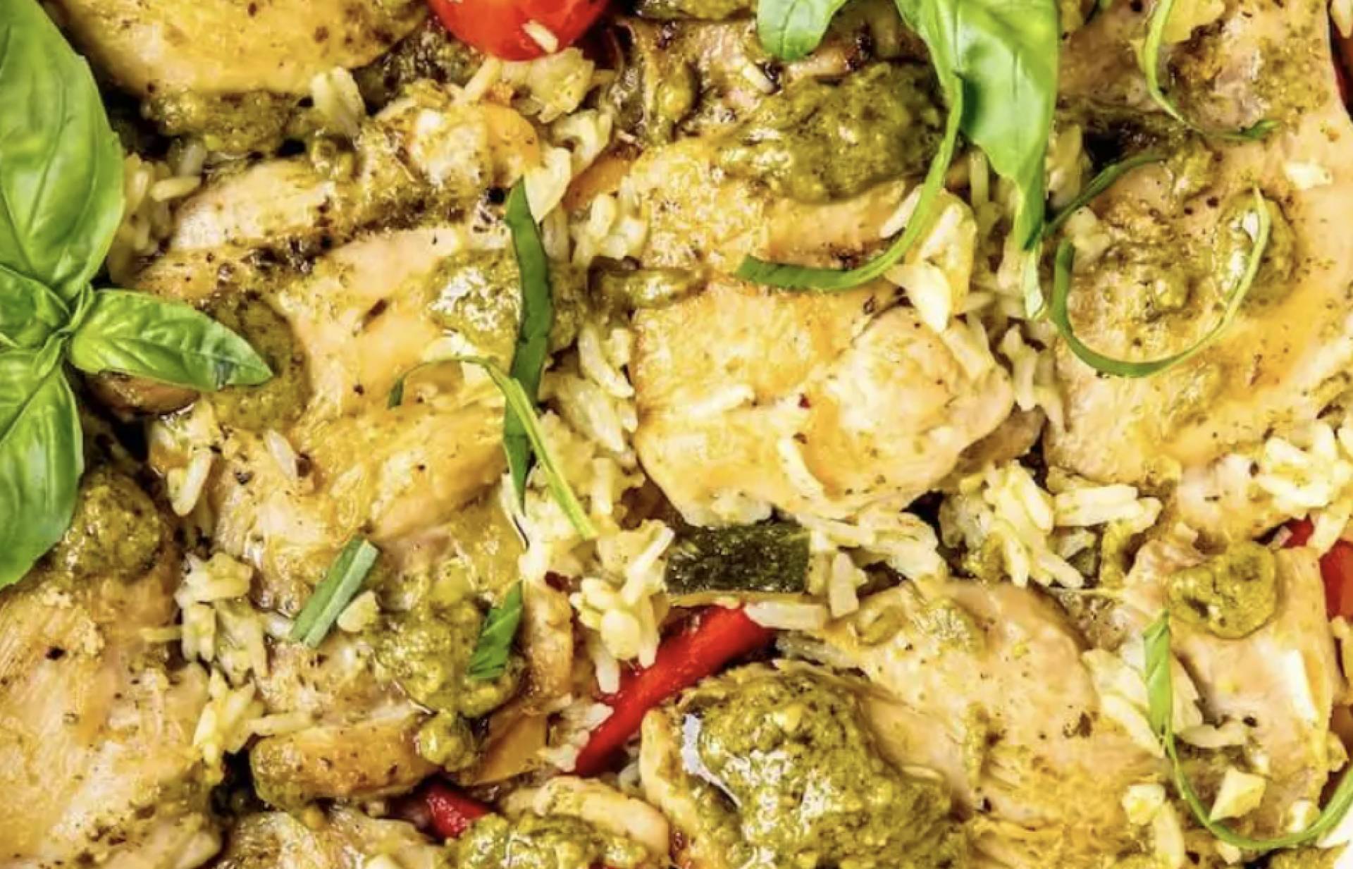Pesto Chicken Breast over Rice with Tomato, Parmesan, and Fresh Herbs (GF/Nut Free)