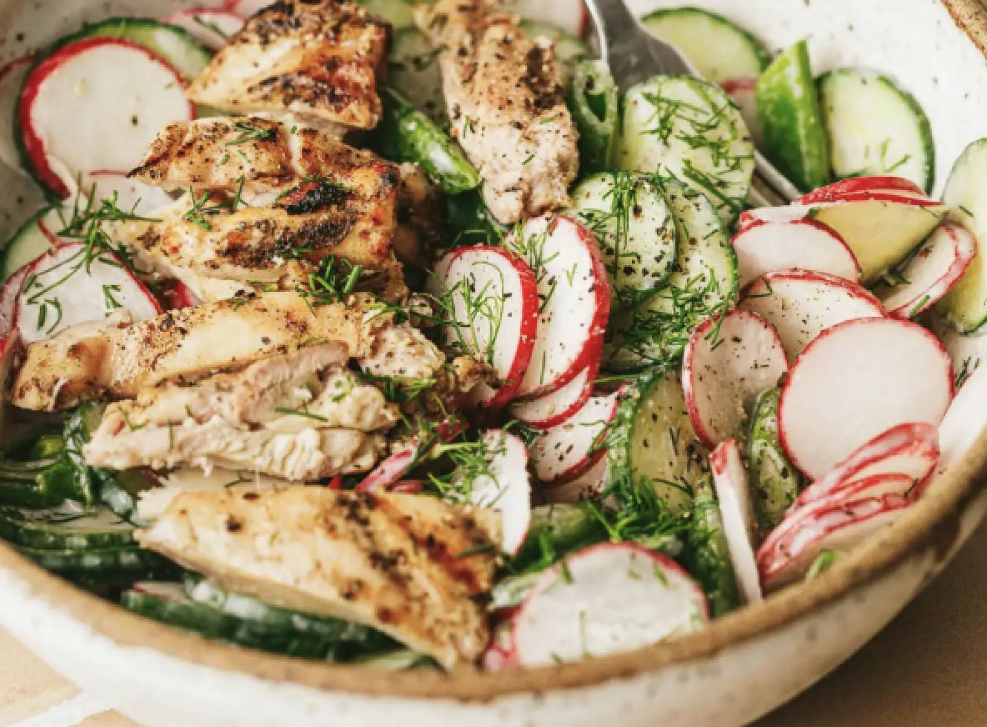 (GF) Greek Chicken Thigh Bowl w/ Feta, Radish, Spinach, Potatoes, Dill
