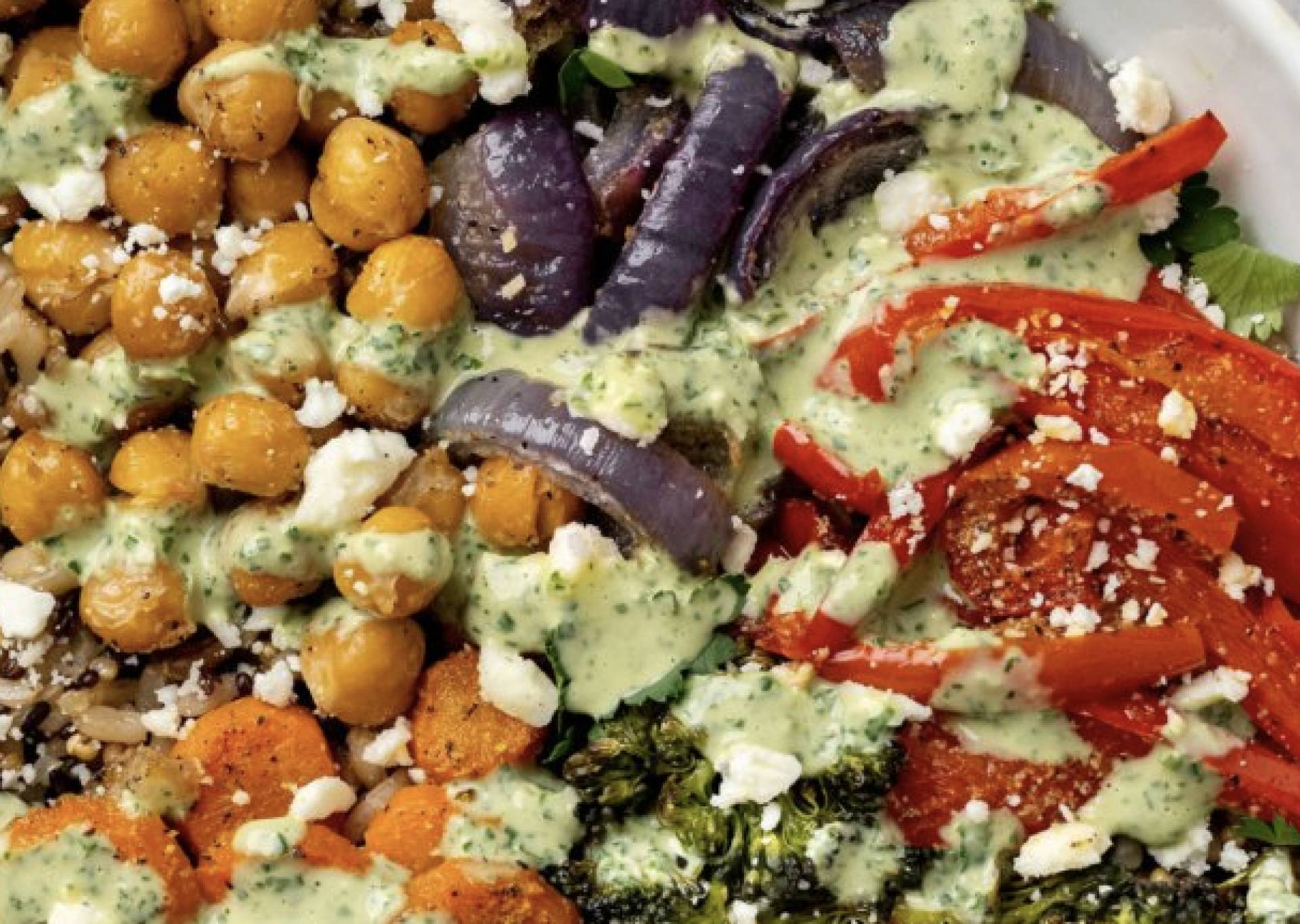Baked Chickpea Bowl with Grilled Veggies over Rice (GF/DF/Veg)