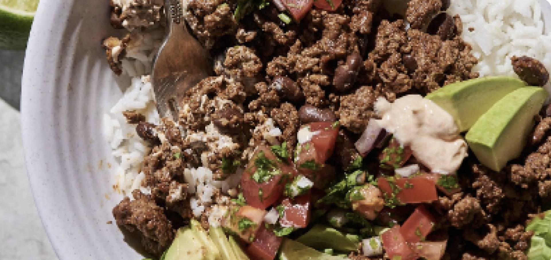 (DF/GF) Grass Fed Beef Taco Bowl/ Rice /Fresh Salsa, Cheese and Guacamole (GF)