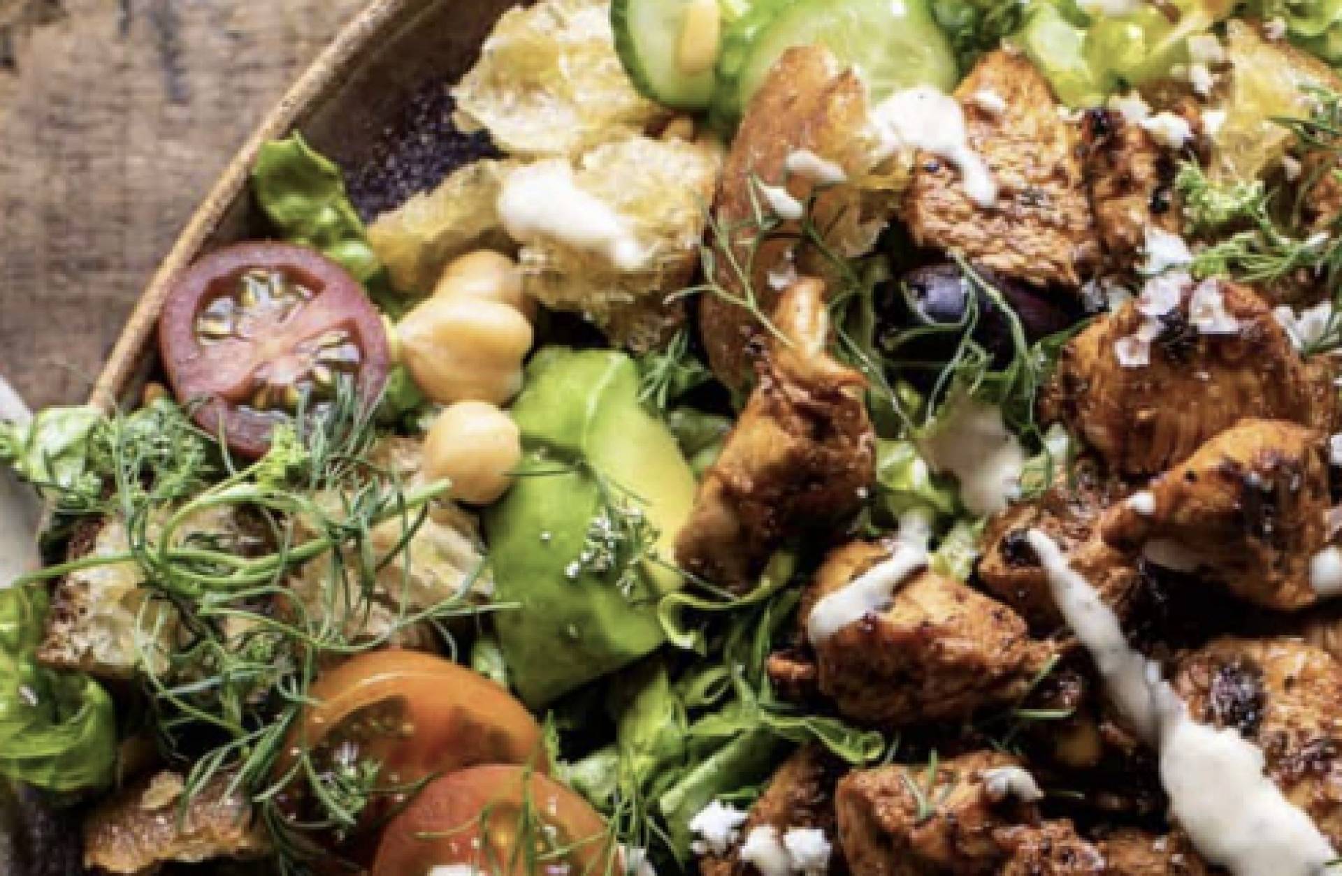 (DF) Honey Mustard Apple Cider Vinegar Chicken Thigh over Chop Chop Salad with Feta and Dill (GF)