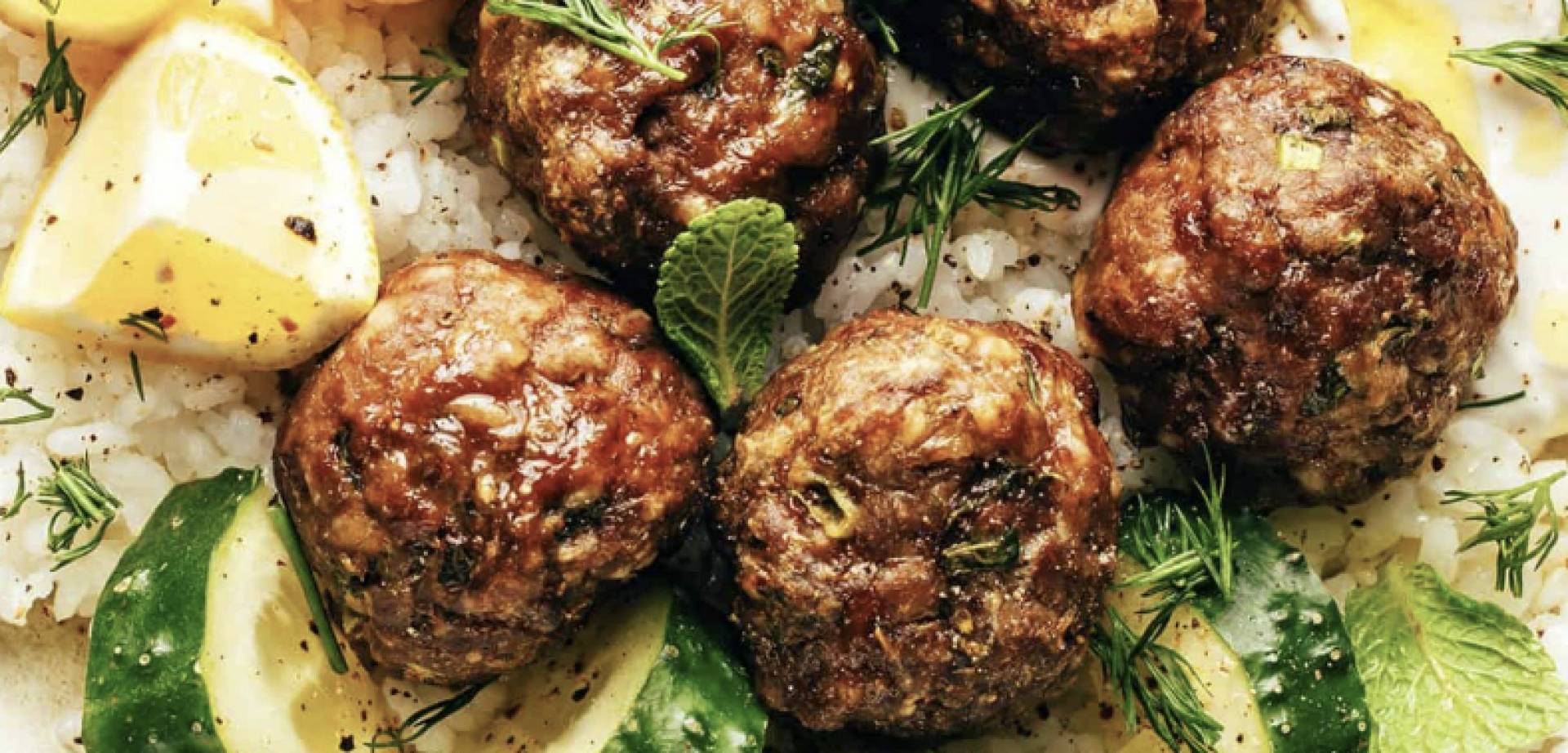 Grass Fed Mediterranean Meatballs / Rice with Zucchini, Dill, Mint, with Tzatziki