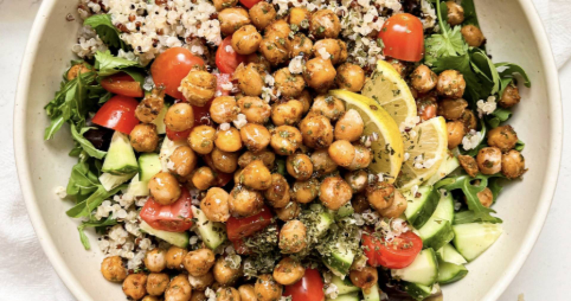 Seasoned Chickpea Bowl with Grilled Peppers, Broccoli, and Onions over Rice (GF/DF/Veg))