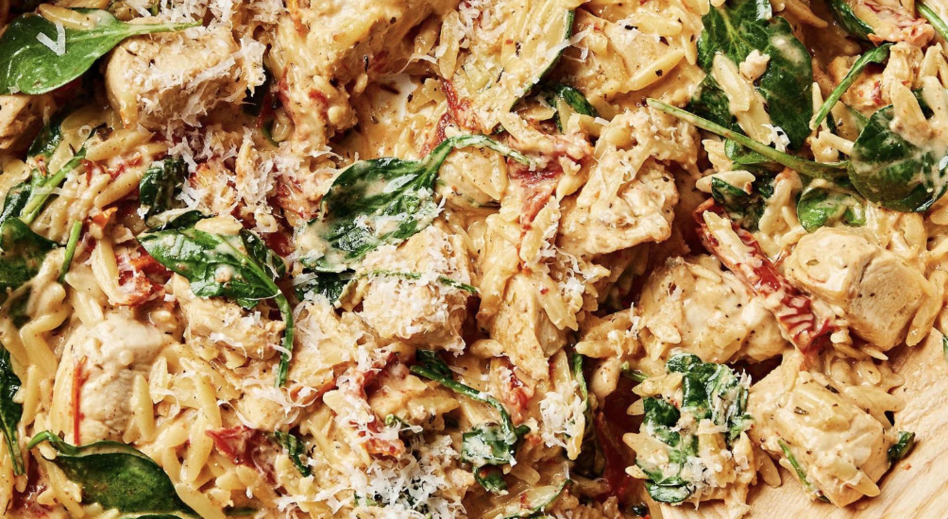 (GF) Marry Me Chicken Breast over Creamy Sun-dried Tomato & Spinach Orzo Pasta
