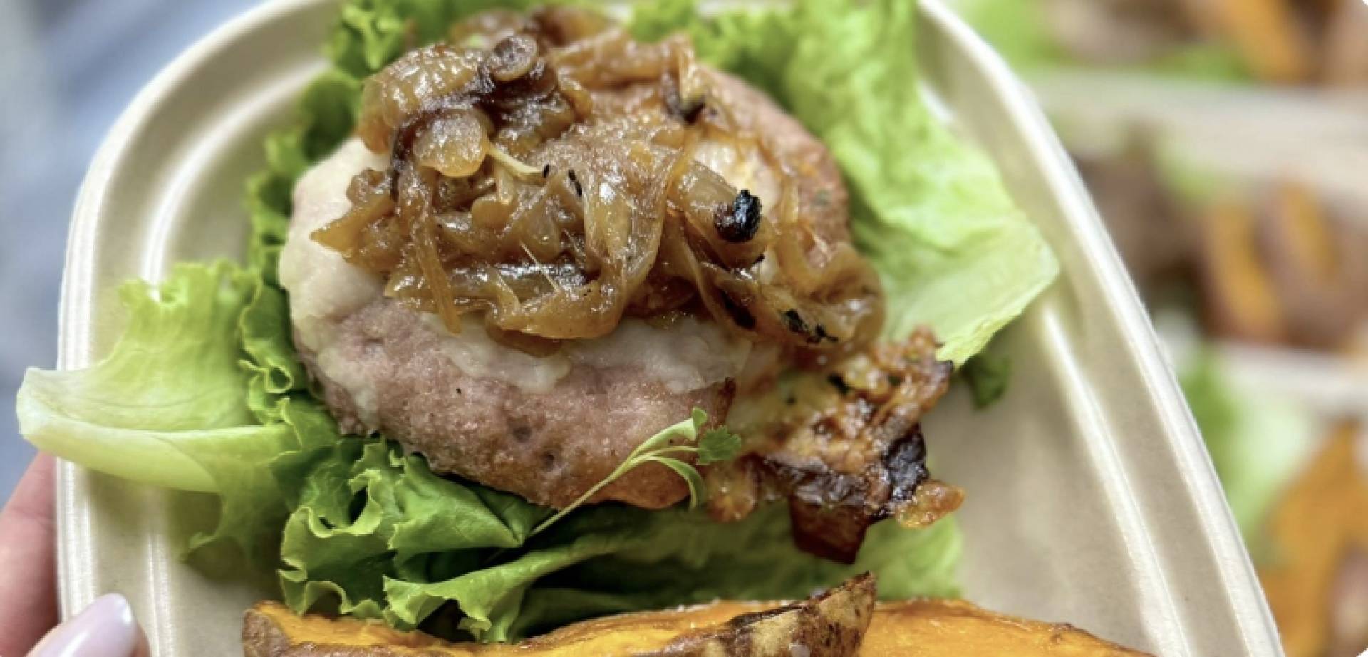 (DF/GF) French Onion Turkey Burger with Sweet Potato Fries and Bibb Lettuce Bun (GF)