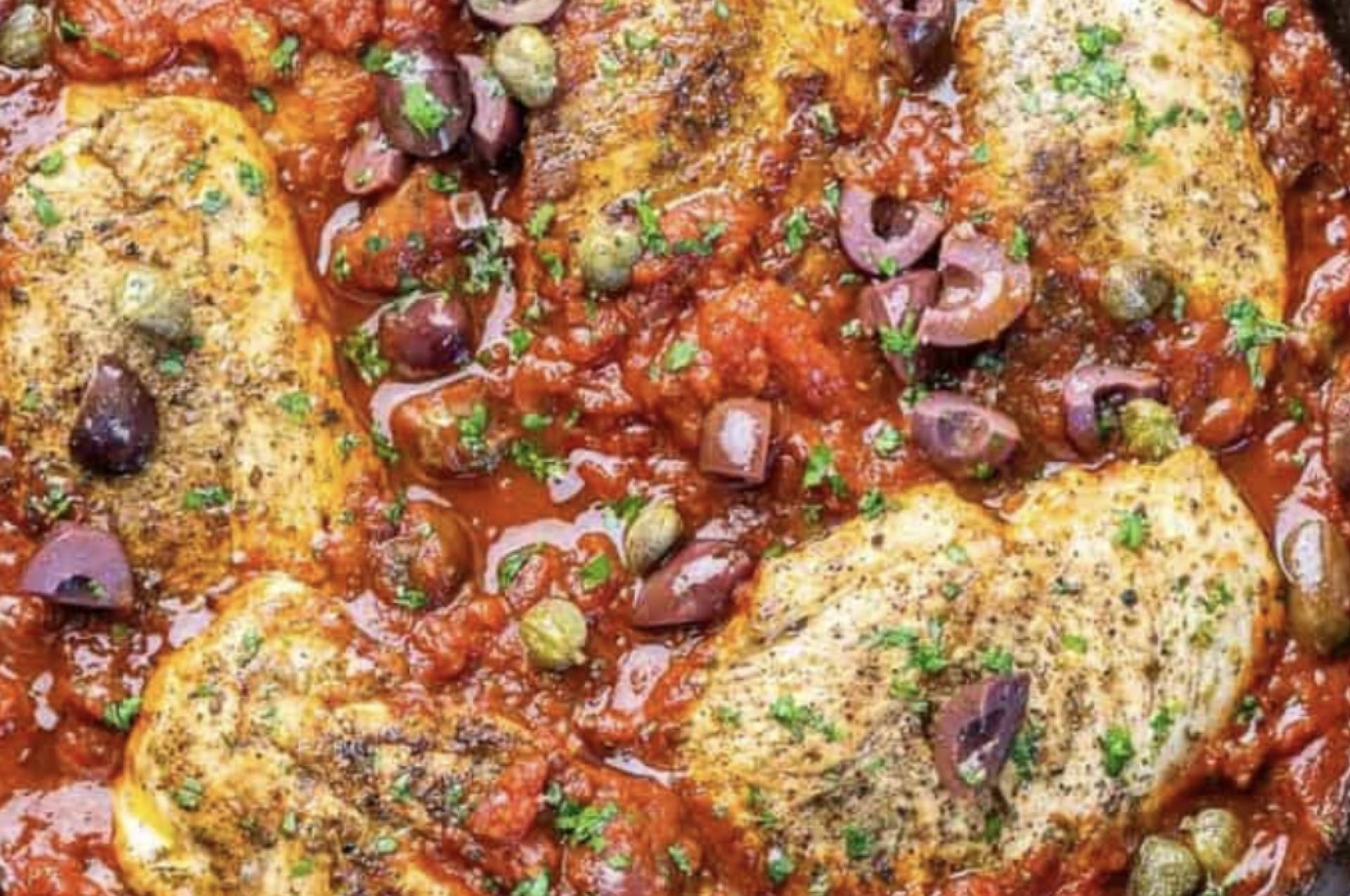(DF/GF) Chicken Puttanesca over GF Pasta with Olives and Tomato Sauce