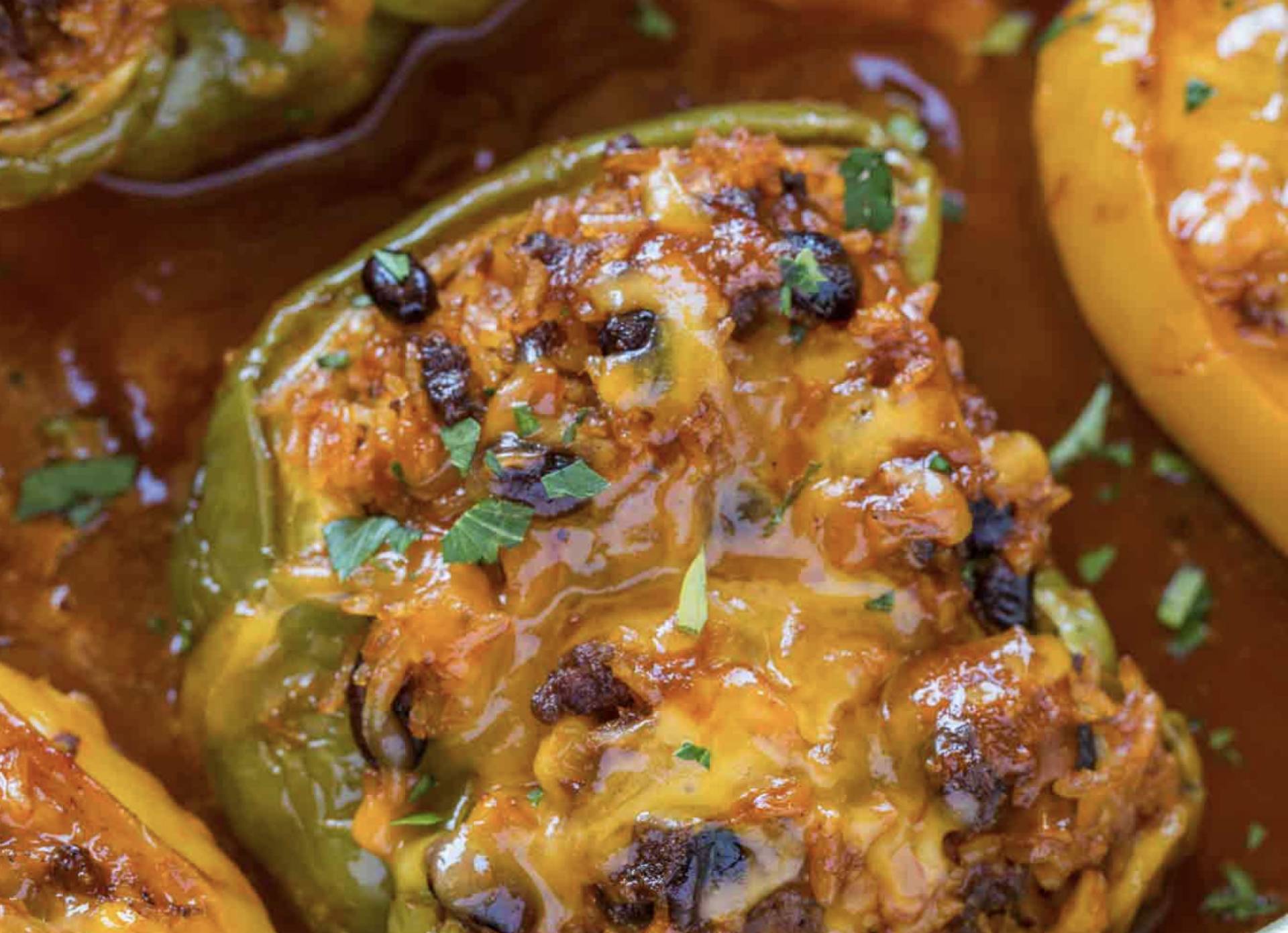Tex Mex Beef Stuffed Peppers with Beans, Cheese, Vegetables, Rice (GF)