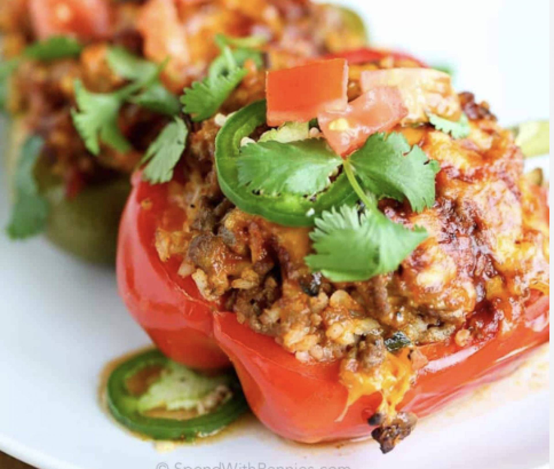 (GF/DF) Tex Mex Beef Stuffed Peppers with Beans, Vegetables, Rice