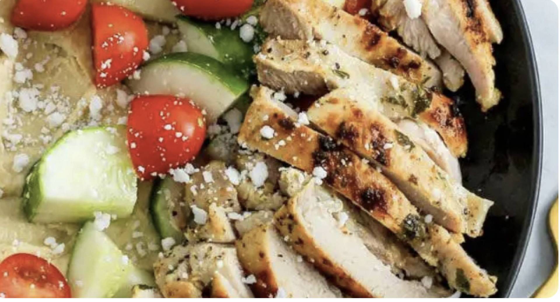 (GF/DF) Herby Hummus Bowl with Grilled Chicken Breast and Tomato Cucumber Salad (GF)