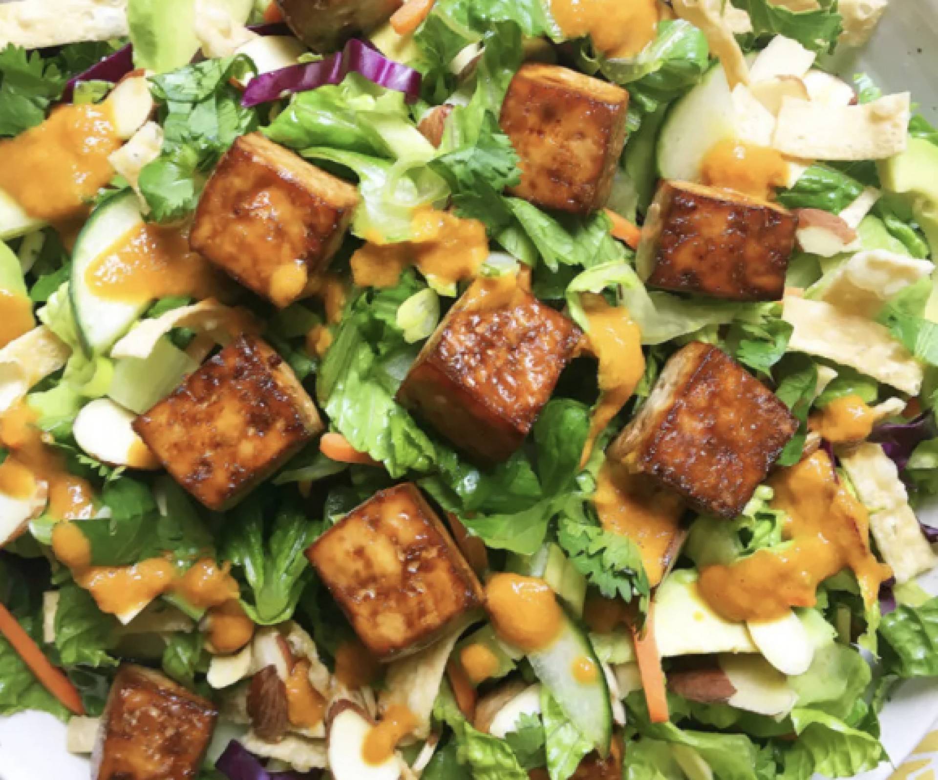 Tofu Honey Mustard Apple Cider Vinegar over Chop Chop Salad with Feta and Dill
