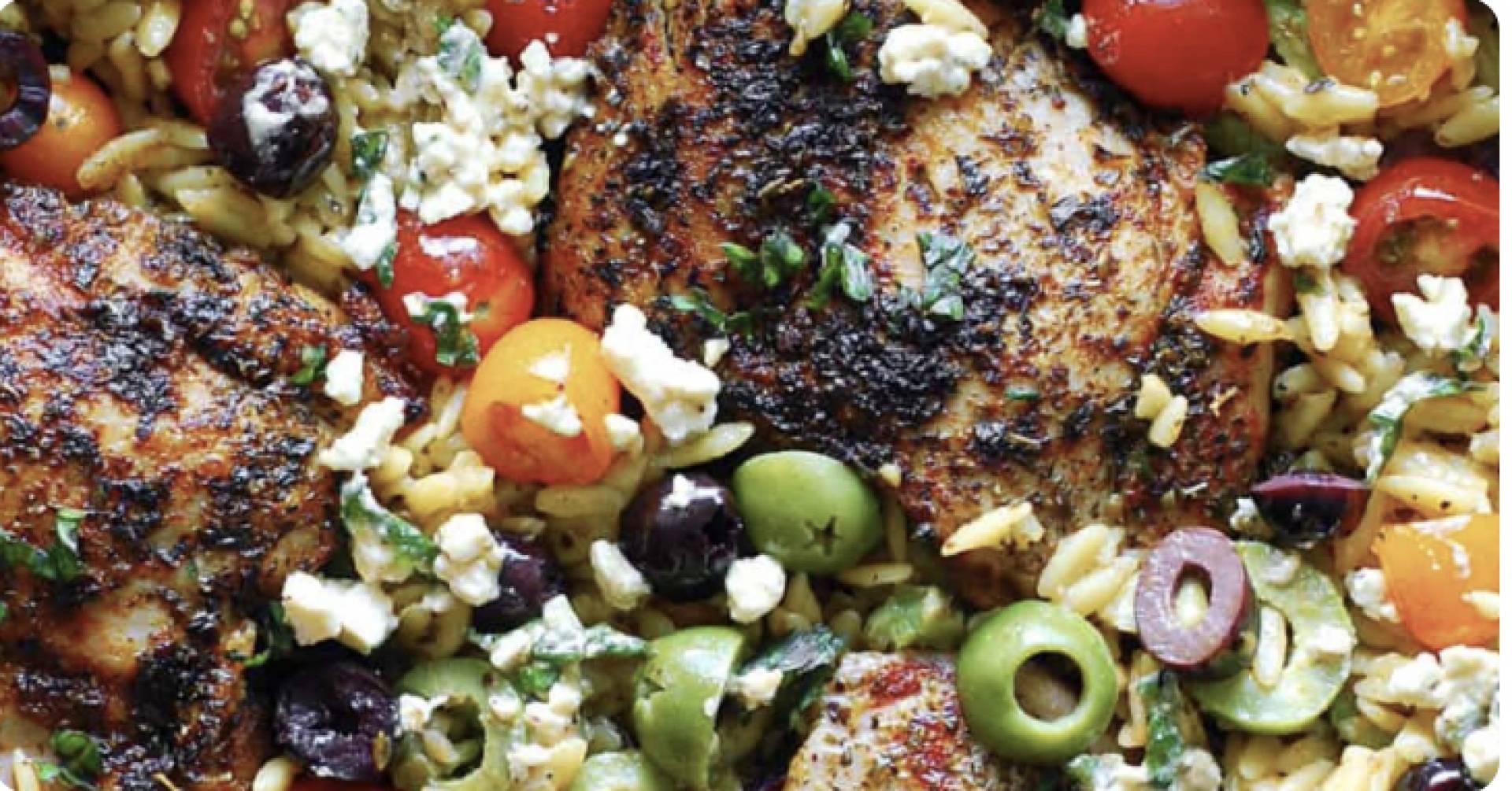 (DF) Greek Chicken Breast over Orzo Pasta with Olives, Tomato, and Peppers