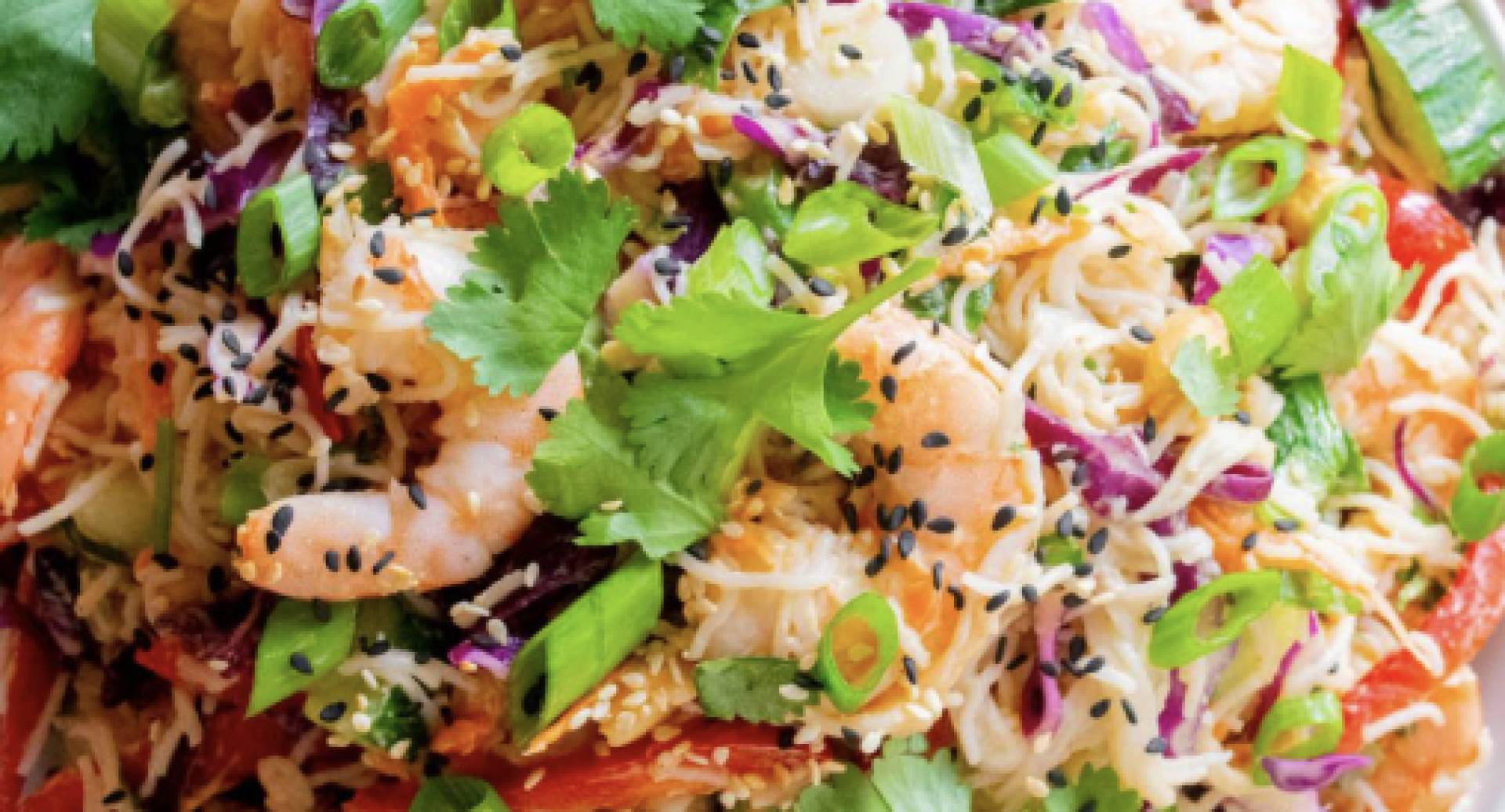 Thai Peanut Shrimp Rice Noodle Salad Bowl with Cabbage and Peppers (GF/DF)