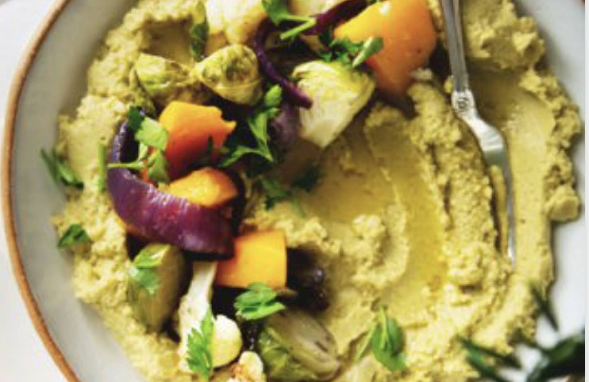 Vegetarian Herby Hummus Bowl with Roasted Vegetables and Tomato Cucumber Salad (GF)