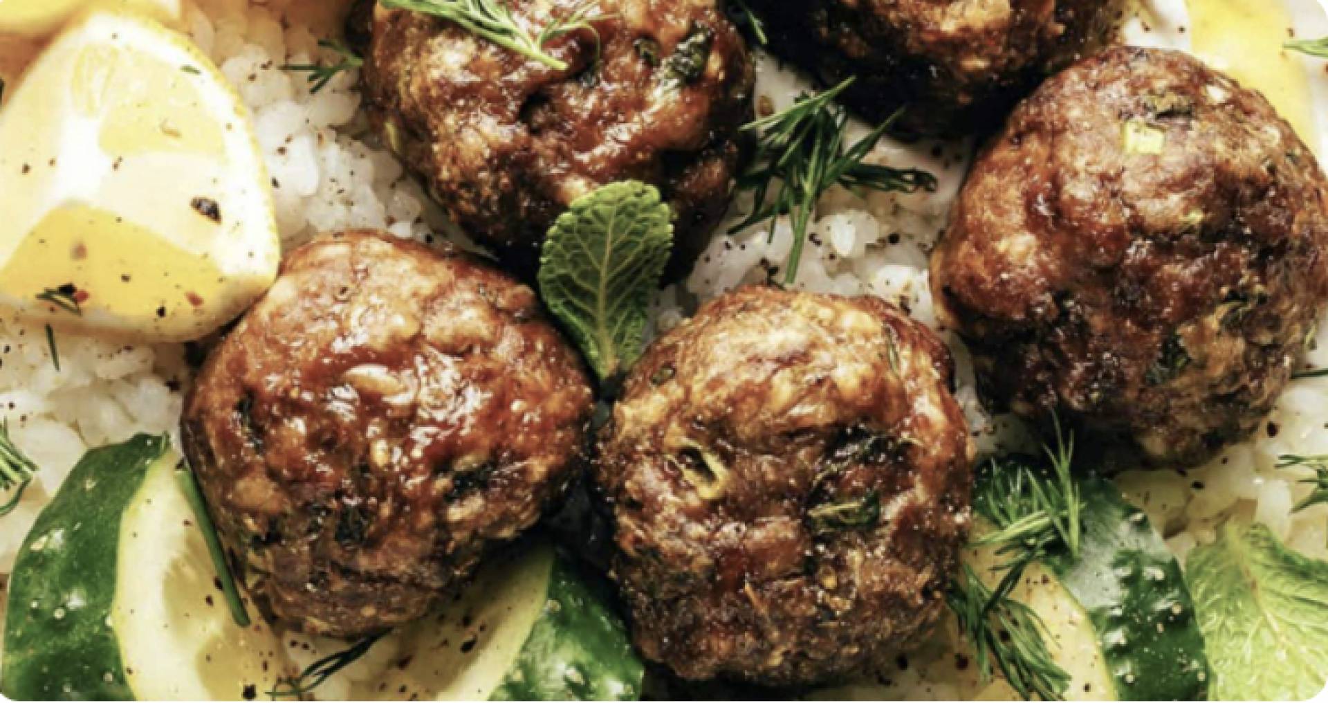 (GF/DF) Grass Fed Mediterranean Meatballs / Rice with Zucchini, Dill, Mint, with Tzatziki