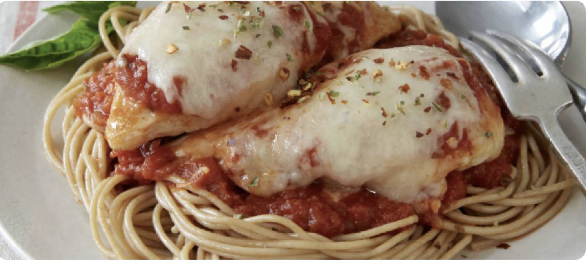(DF) Grilled Chicken Parm with Sweet Marinara over Pasta