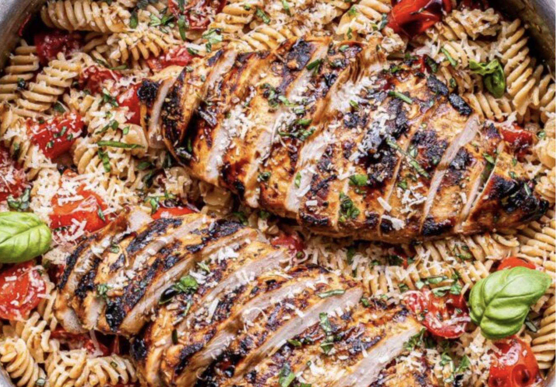 (GF) Basil Chicken Breast with Organic Cherry Tomato Confit over Banza Pasta