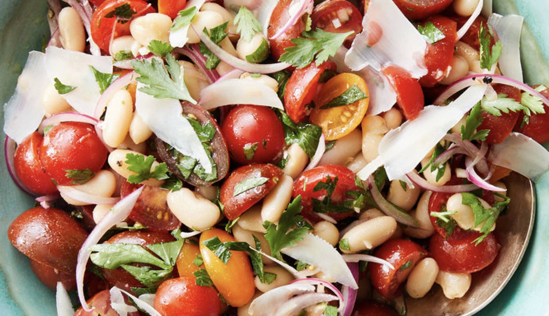 Winter White Bean Protein Herb Salad with Lemony Tomatoes, Parmesan, Peas, Red Onion, and Seasonal Veggies