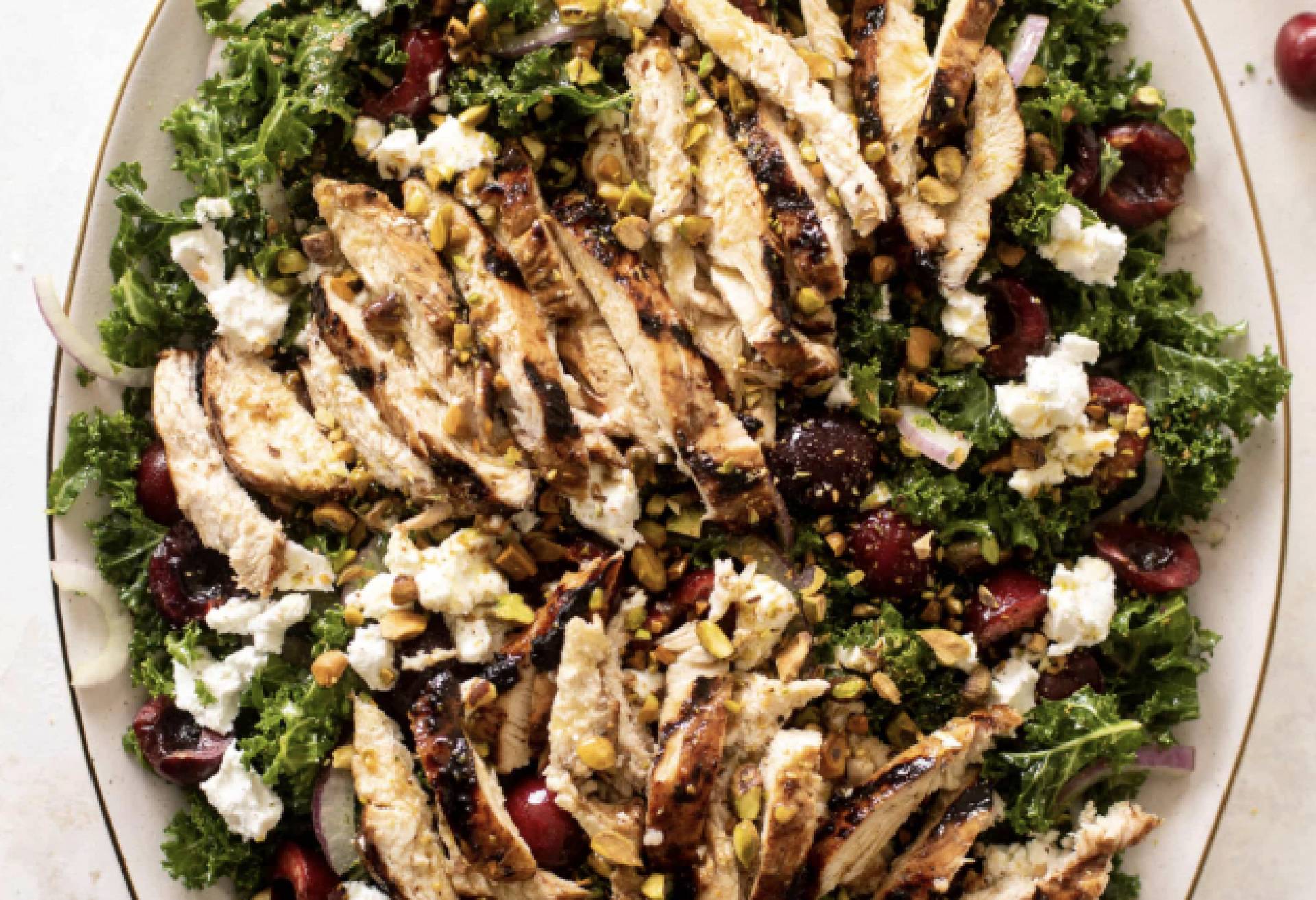 (GF/DF) Grilled Chicken Kale Cranberry Rice Salad with Feta & Honey Mustard Dressing
