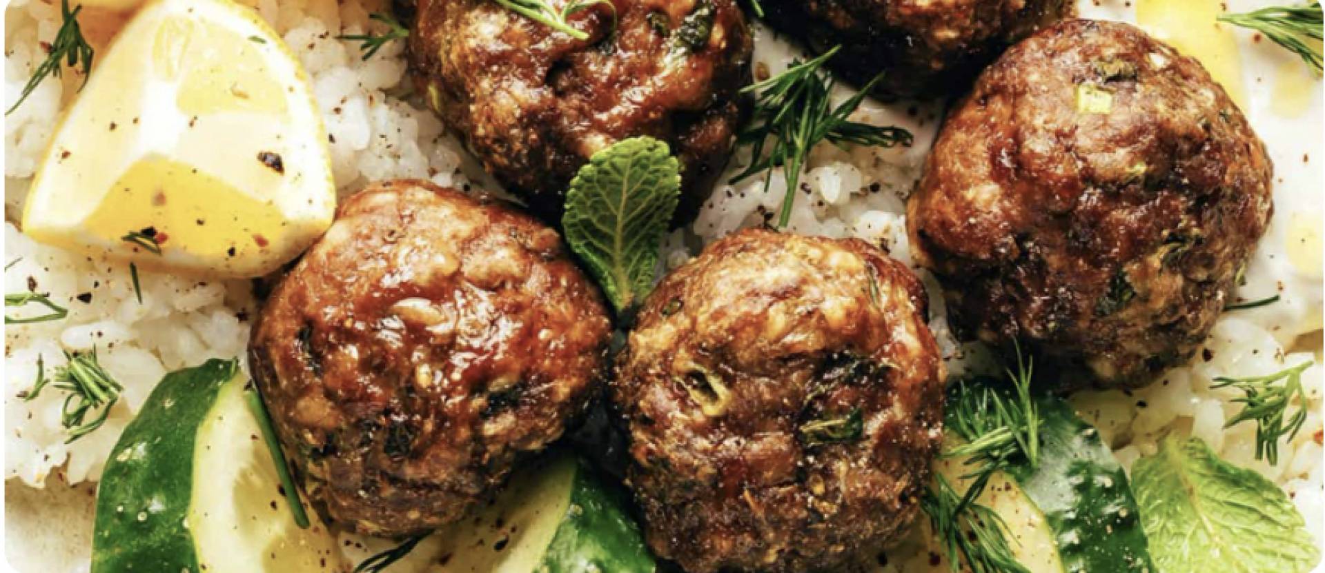 (DF) Grass Fed Mediterranean Meatballs / Lemony Cous Cous with Zucchini, Dill, and Mint